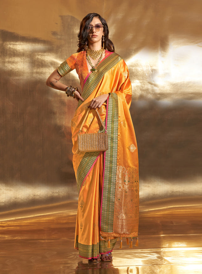 Golden Yellow Pure Satin Chaap Handloom Silk Saree