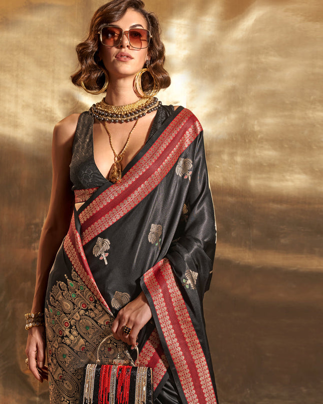 Black Pure Satin Chaap Handloom Silk Saree