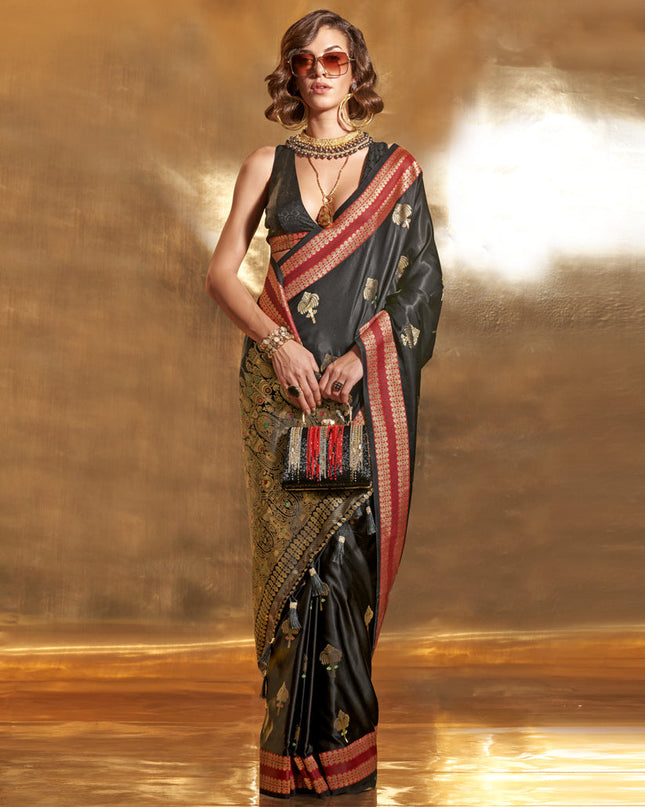 Black Pure Satin Chaap Handloom Silk Saree