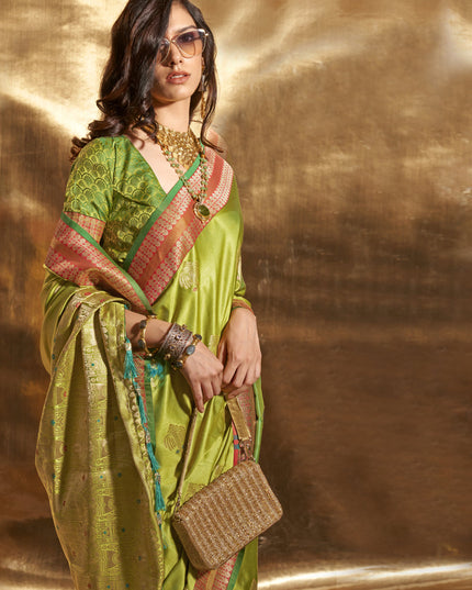 Lime Green Pure Satin Chaap Handloom Silk Saree