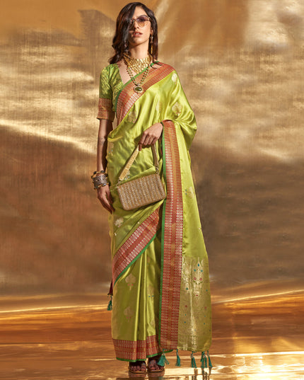Lime Green Pure Satin Chaap Handloom Silk Saree
