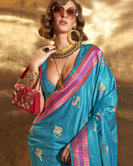 Sky Blue Pure Satin Chaap Handloom Silk Saree