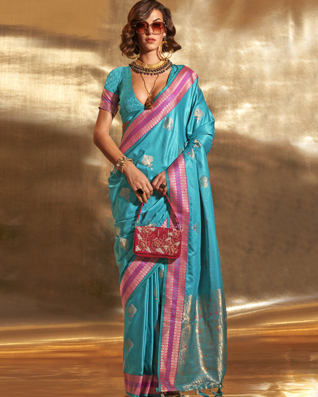 Sky Blue Pure Satin Chaap Handloom Silk Saree