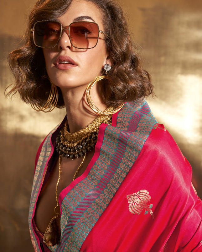 Hot Pink Pure Satin Chaap Handloom Silk Saree