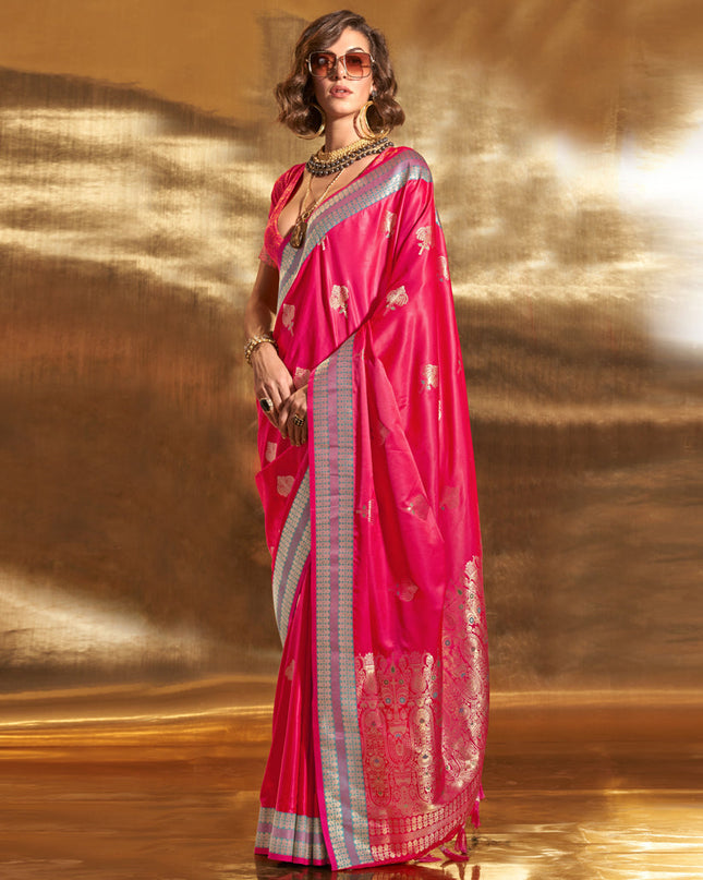 Hot Pink Pure Satin Chaap Handloom Silk Saree