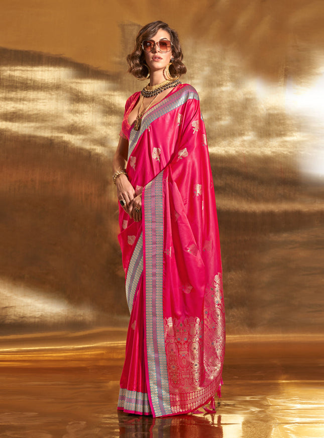 Hot Pink Pure Satin Chaap Handloom Silk Saree