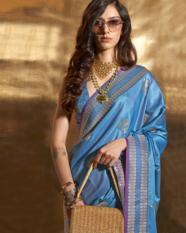 Azure Blue Pure Satin Chaap Handloom Silk Saree