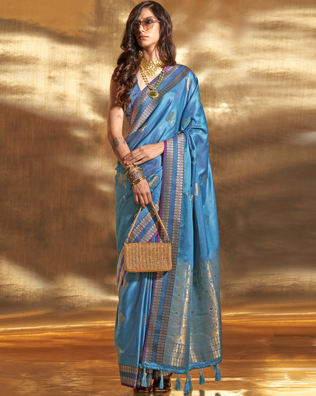 Azure Blue Pure Satin Chaap Handloom Silk Saree