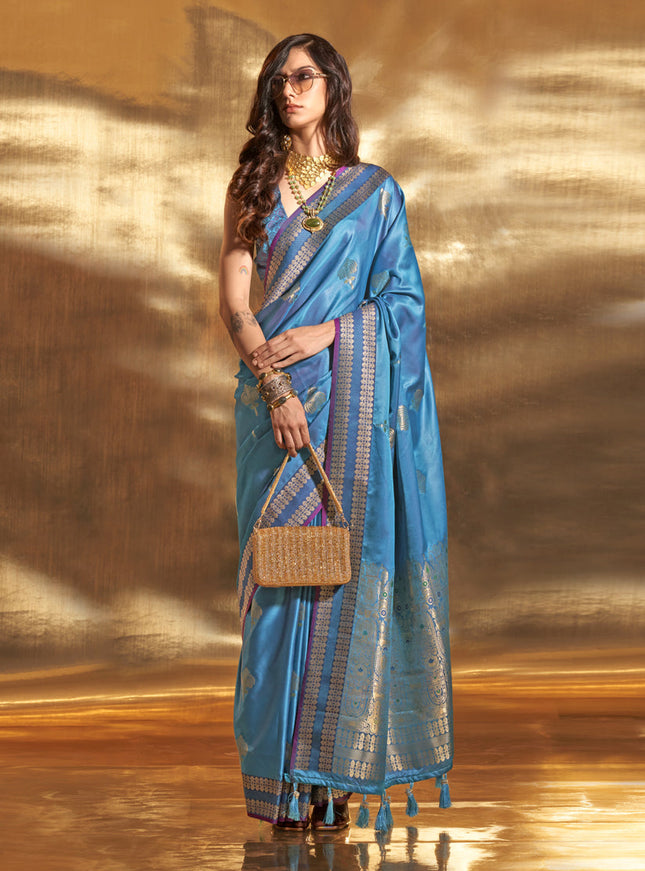 Azure Blue Pure Satin Chaap Handloom Silk Saree