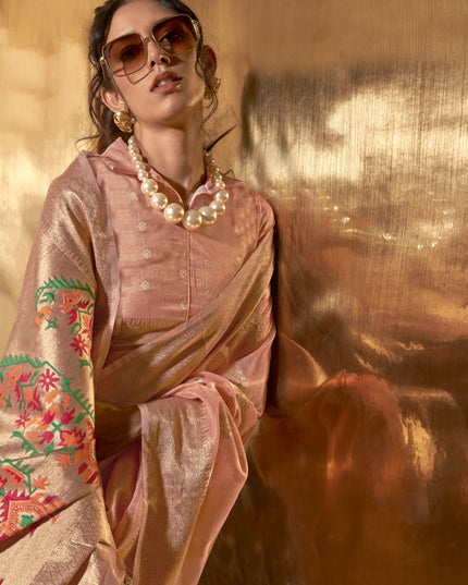 Peach Zari Tissue Paithani Pallu Saree