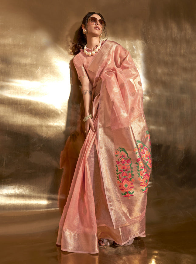 Peach Zari Tissue Paithani Pallu Saree