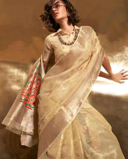 Cream Zari Tissue Paithani Pallu Saree