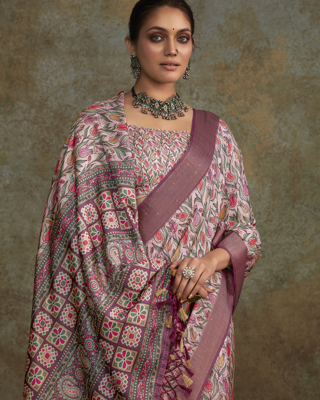 Blush Pink Handloom Silk Printed Saree