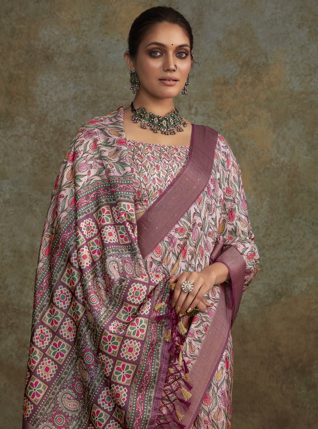 Blush Pink Handloom Silk Printed Saree