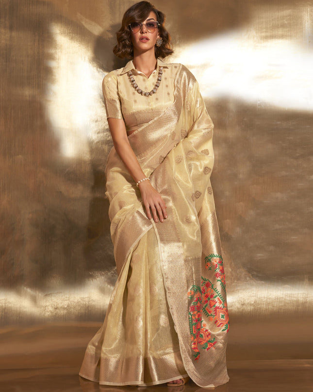 Cream Zari Tissue Paithani Pallu Saree