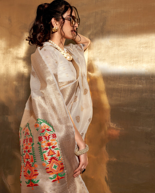 Pearl White Zari Tissue Paithani Pallu Saree