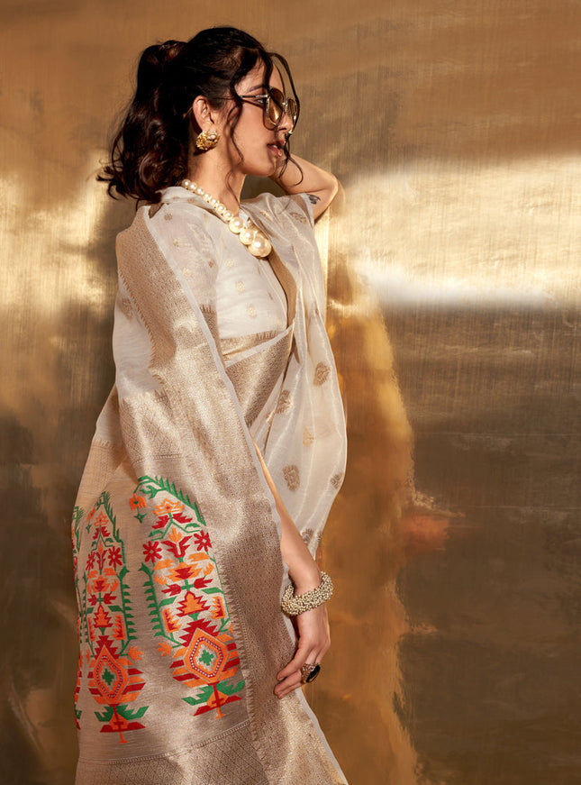 Pearl White Zari Tissue Paithani Pallu Saree