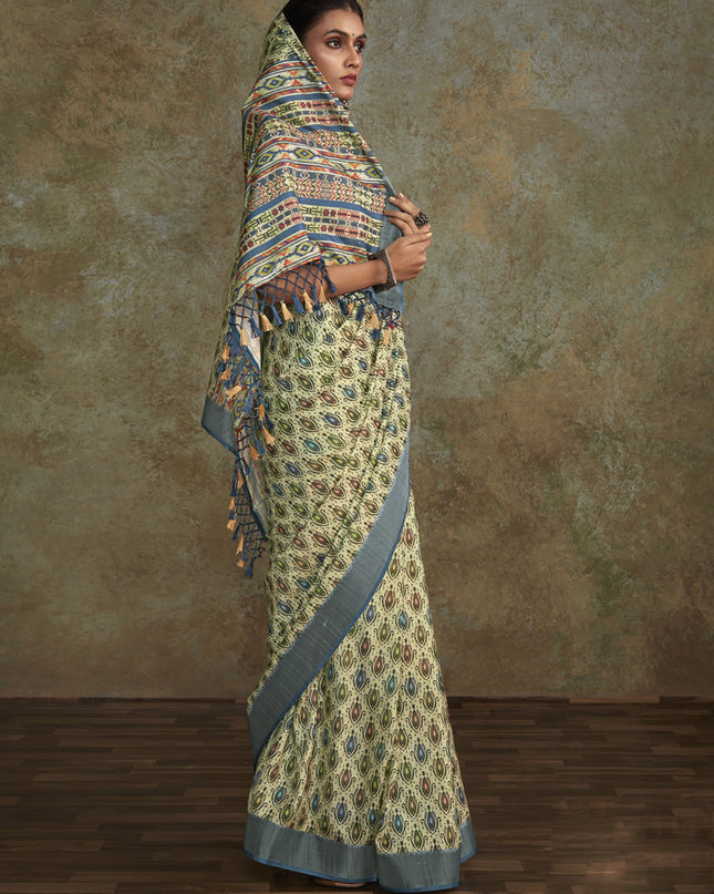 Pastel Green Handloom Silk Printed Saree