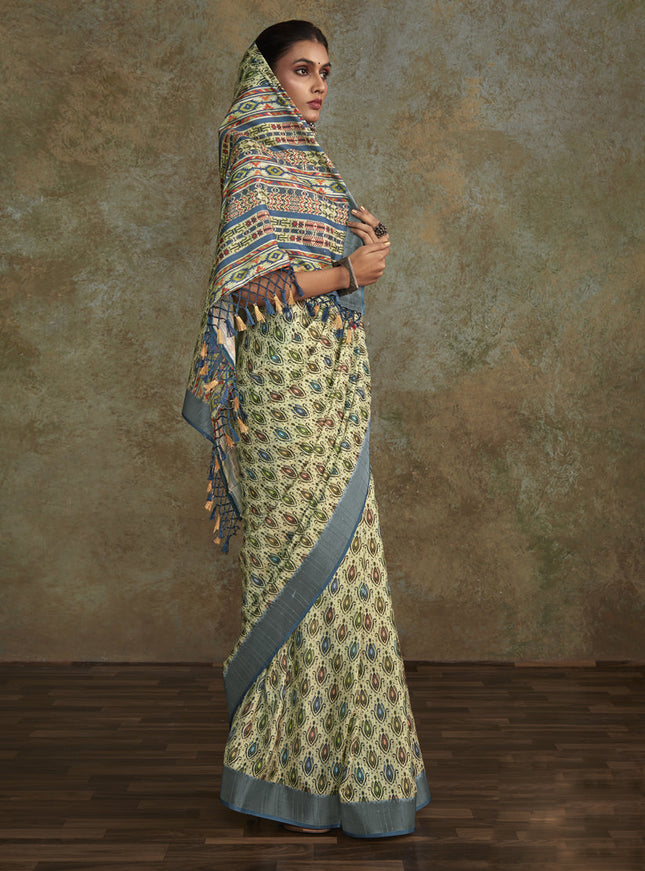 Pastel Green Handloom Silk Printed Saree