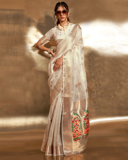 Pearl White Zari Tissue Paithani Pallu Saree