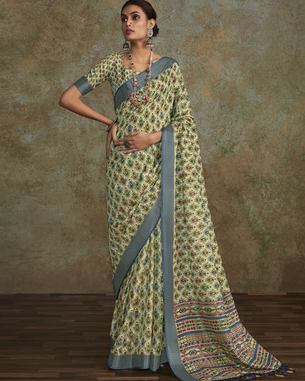 Pastel Green Handloom Silk Printed Saree