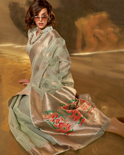 Ice Mint Zari Tissue Paithani Pallu Saree