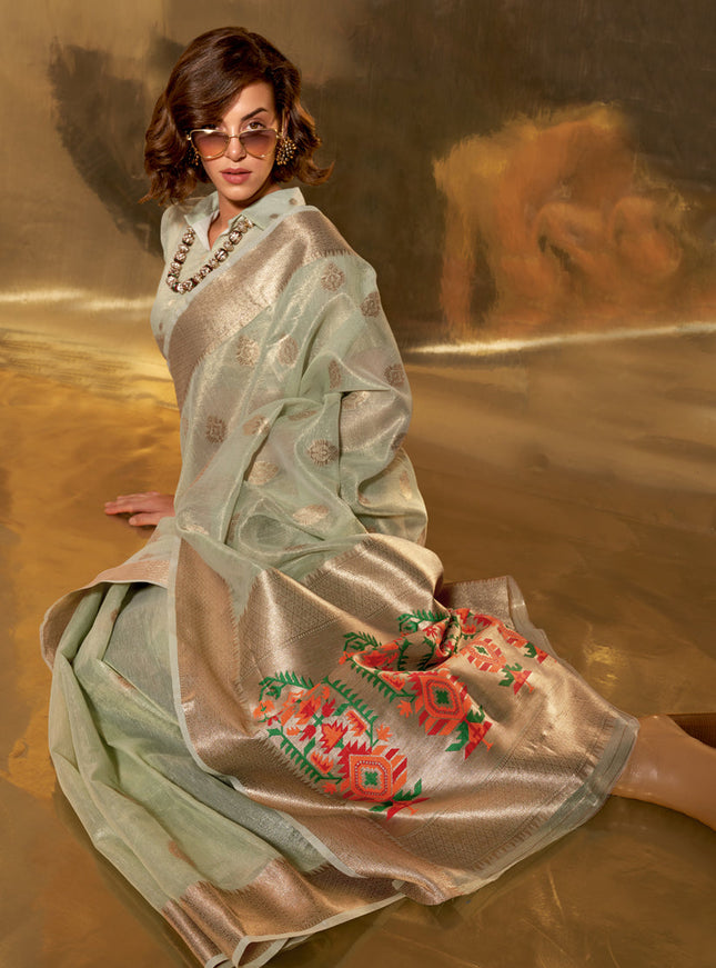 Ice Mint Zari Tissue Paithani Pallu Saree