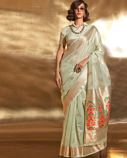Ice Mint Zari Tissue Paithani Pallu Saree