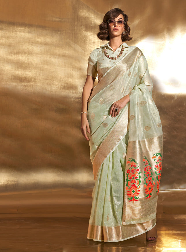 Ice Mint Zari Tissue Paithani Pallu Saree