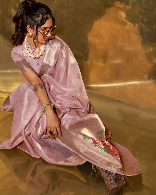 Rose Pink Zari Tissue Paithani Pallu Saree
