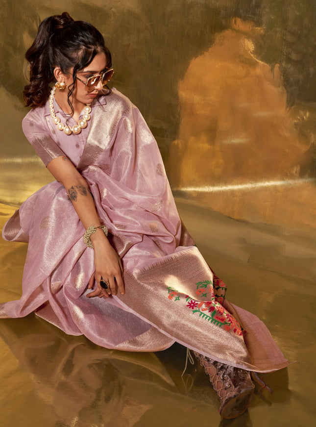 Rose Pink Zari Tissue Paithani Pallu Saree