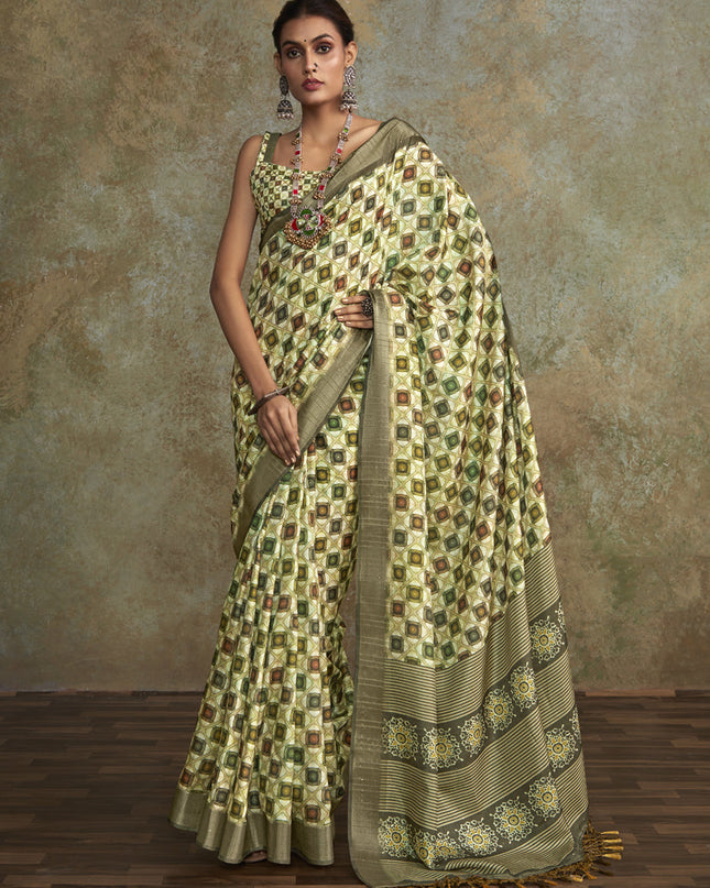 Pastel Green Handloom Silk Printed Saree