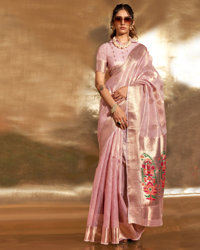 Rose Pink Zari Tissue Paithani Pallu Saree