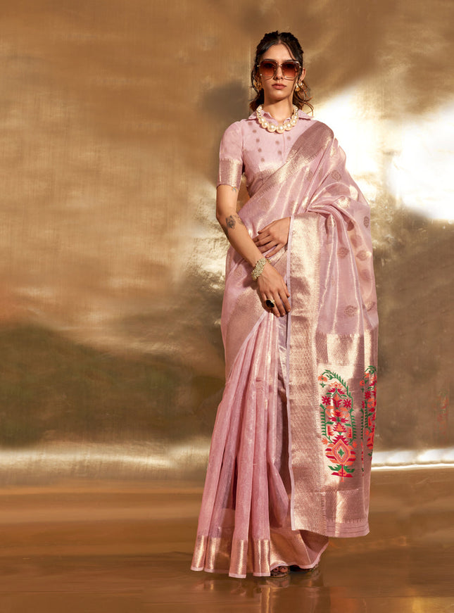 Rose Pink Zari Tissue Paithani Pallu Saree