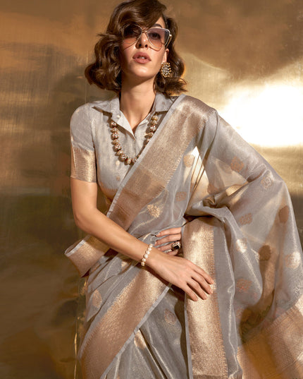 Soft Grey Zari Tissue Paithani Pallu Saree