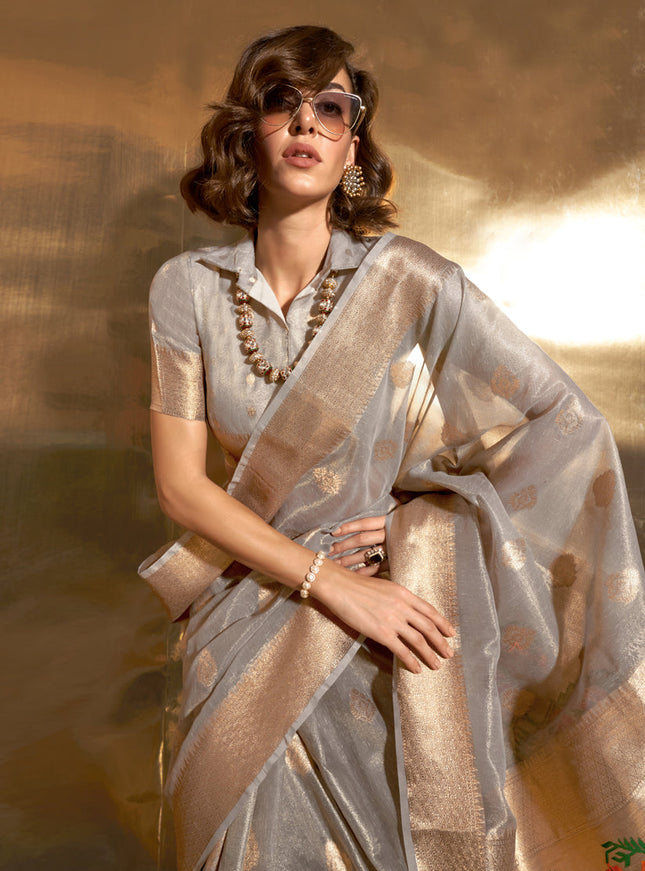 Soft Grey Zari Tissue Paithani Pallu Saree