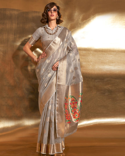 Soft Grey Zari Tissue Paithani Pallu Saree