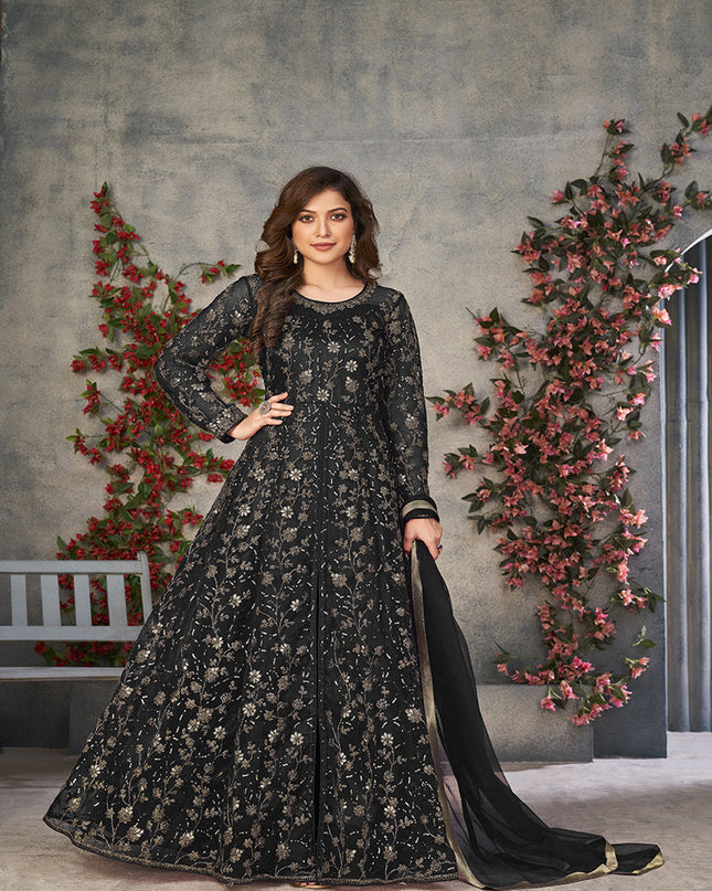 black embroidered net pant kameez for ceremonial