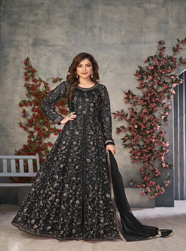 black embroidered net pant kameez for ceremonial