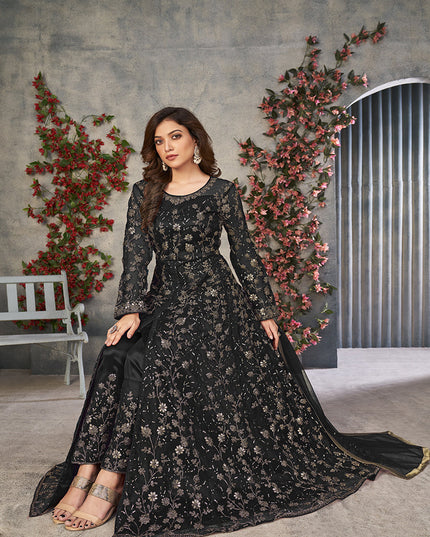 black embroidered net pant kameez for ceremonial