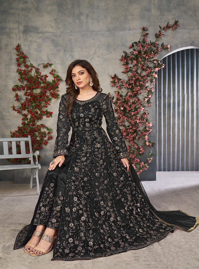 black embroidered net pant kameez for ceremonial