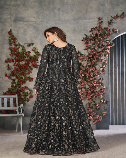 black embroidered net pant kameez for ceremonial