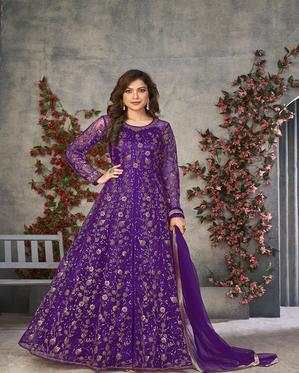 purple embroidered net pant kameez for ceremonial