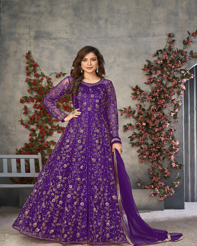 purple embroidered net pant kameez for ceremonial