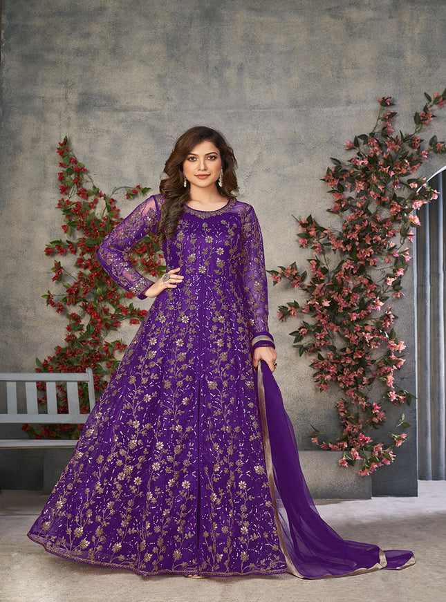 purple embroidered net pant kameez for ceremonial