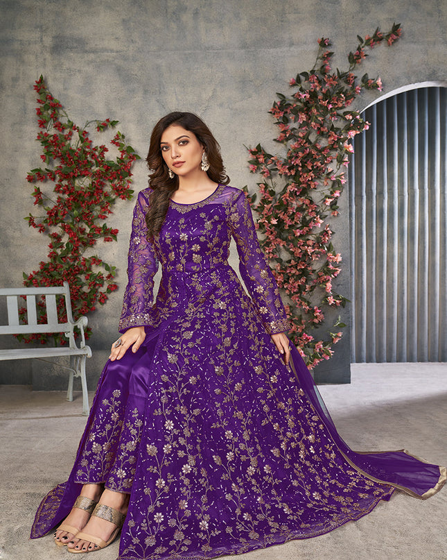 purple embroidered net pant kameez for ceremonial