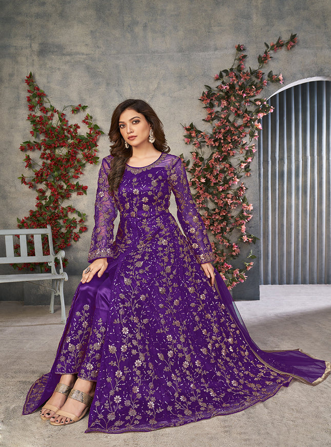 purple embroidered net pant kameez for ceremonial