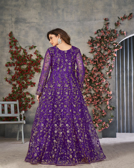 purple embroidered net pant kameez for ceremonial