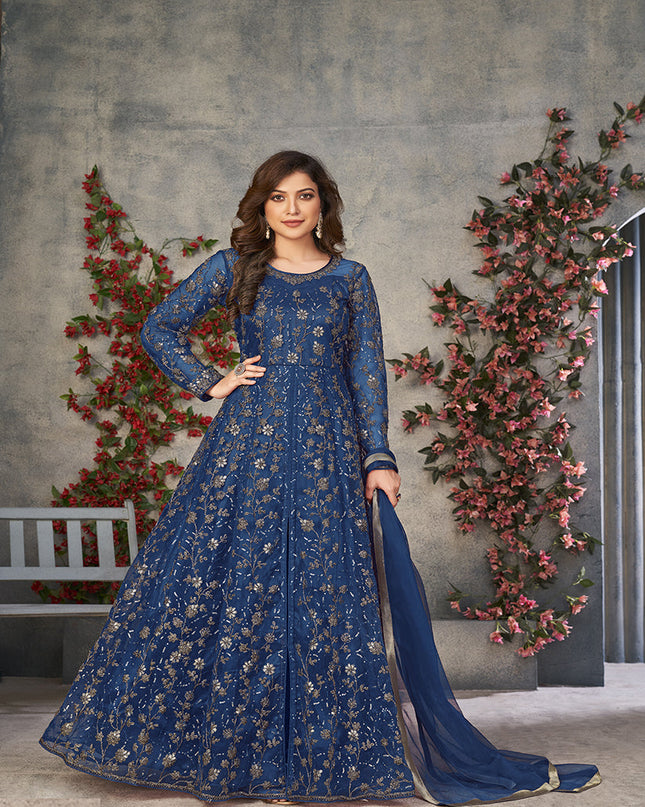 peacock blue embroidered net pant kameez for ceremonial