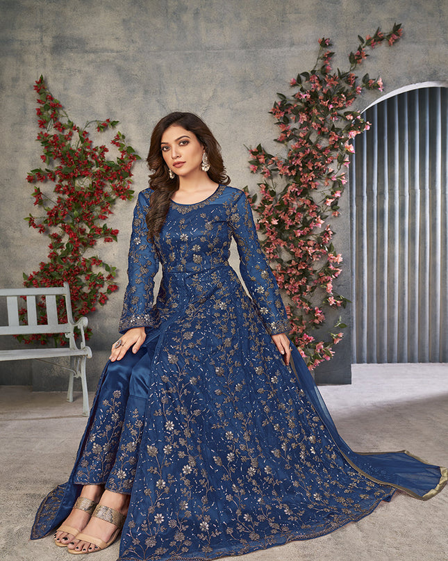 peacock blue embroidered net pant kameez for ceremonial
